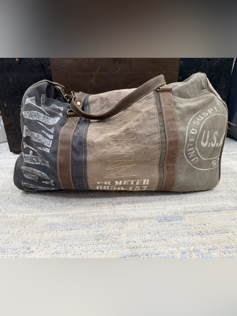 Myra Bag Canvas Duffel in Olive, Brown and Black with Logo Print